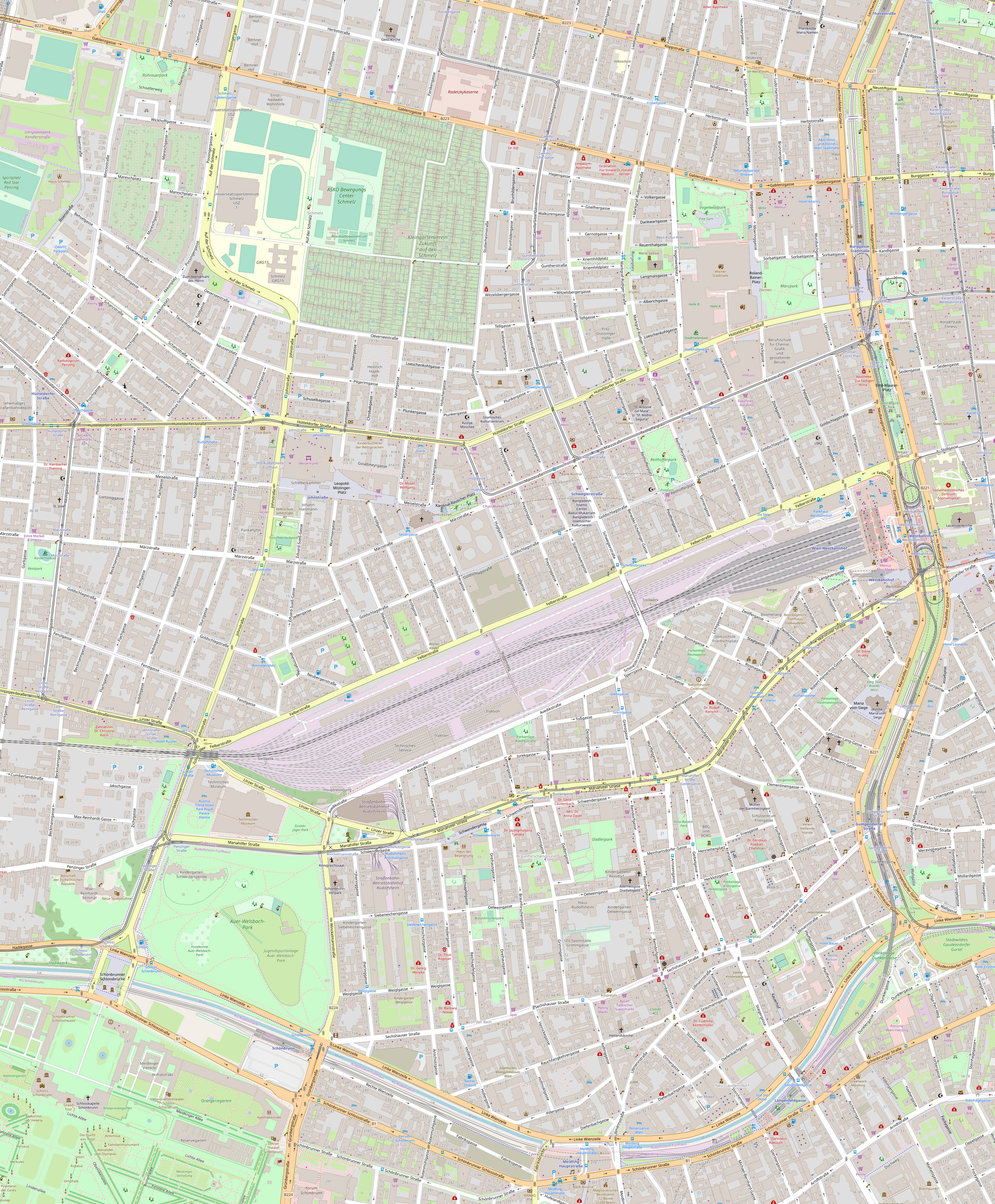 Bezirksplan Wien 15, Rudolfsheim-Fünfhaus, Kartenausschnitt von OpenStreetMap als komprimiertes jpg Bild